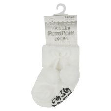 S522-W: White Anti-Slip Terry Socks w/Pom Pom (0-12 Months)